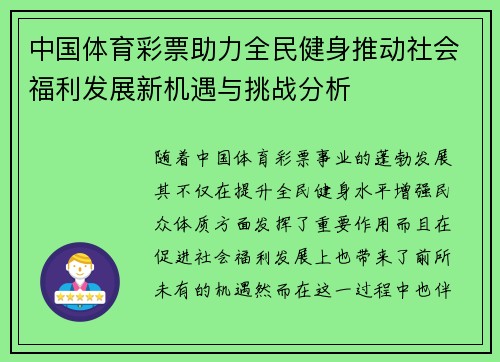 中国体育彩票助力全民健身推动社会福利发展新机遇与挑战分析